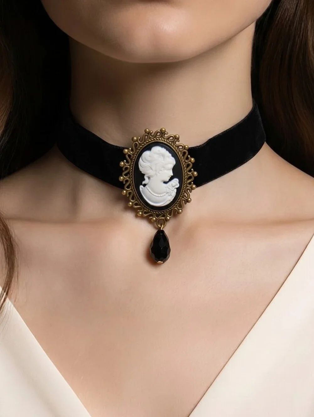 Black Velvet Choker White Cameo Gothic Antique Gold Necklace Dark Romance Vibes
